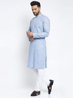 Jompers Men Blue & White Self Design Kurta with Pyjamas | Grocsy