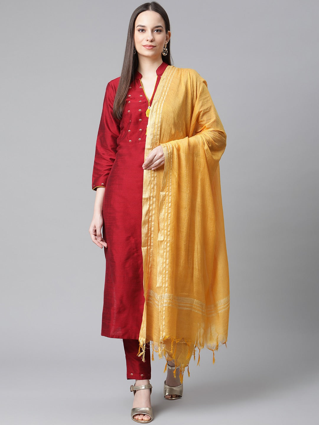 Jompers Women Maroon Regular Kurta with Trousers & With Dupatta (Maroon) | Grocsy