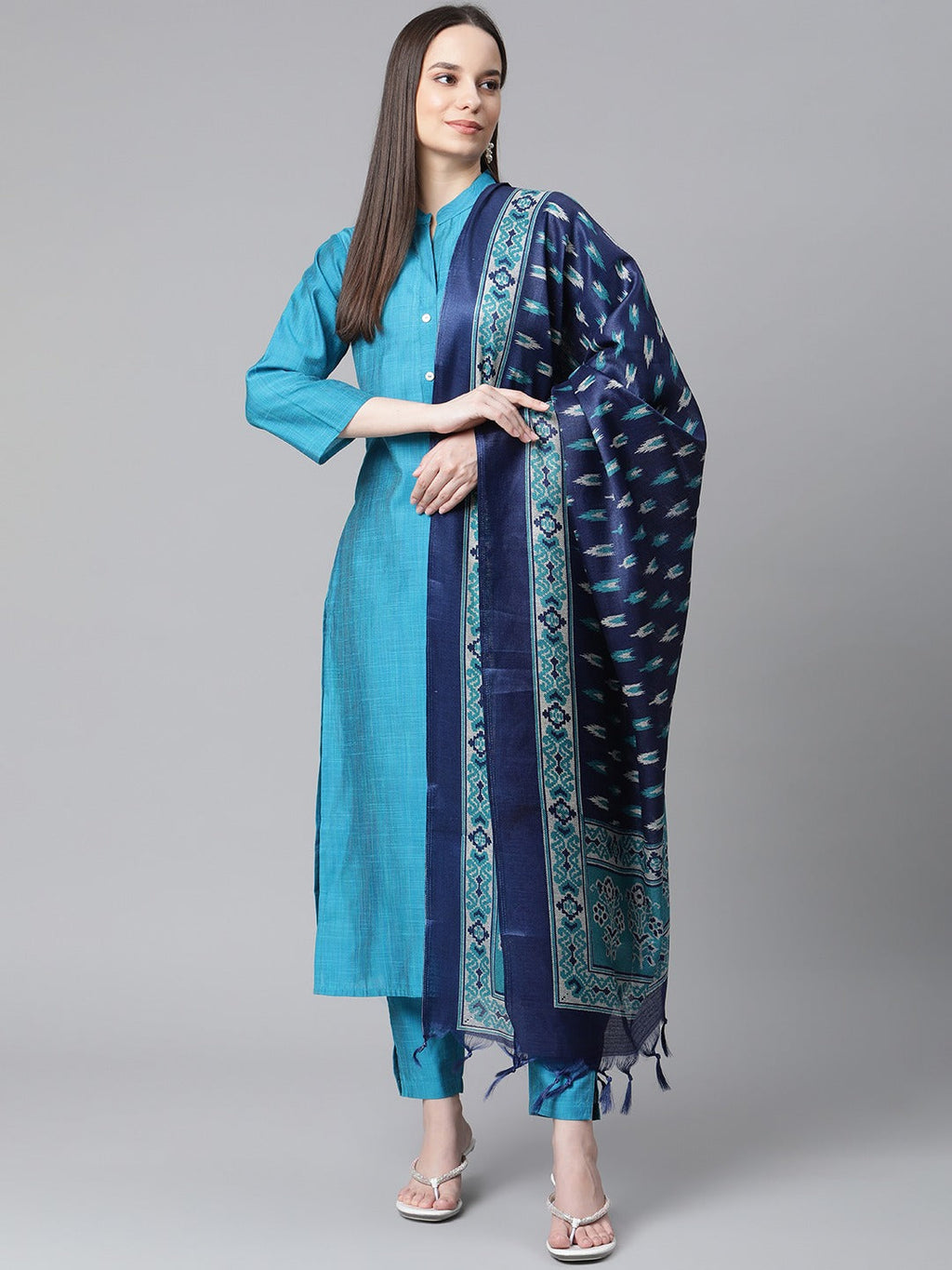 Jompers Women Blue & Green Self-Striped Kurta with Trousers & Printed Art Silk Dupatta | Grocsy