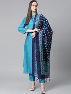 Jompers Women Blue & Green Self-Striped Kurta with Trousers & Printed Art Silk Dupatta | Grocsy