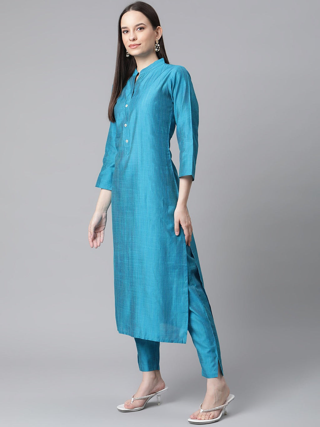 Jompers Women Blue & Green Self-Striped Kurta with Trousers & Printed Art Silk Dupatta | Grocsy