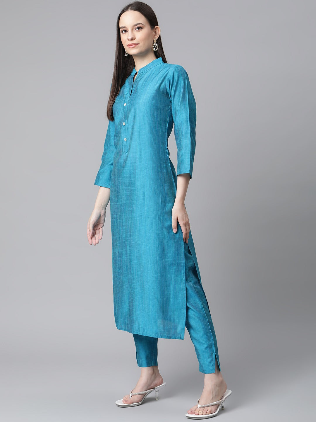 Jompers Women Blue & Green Self-Striped Kurta with Trousers & Printed Art Silk Dupatta | Grocsy