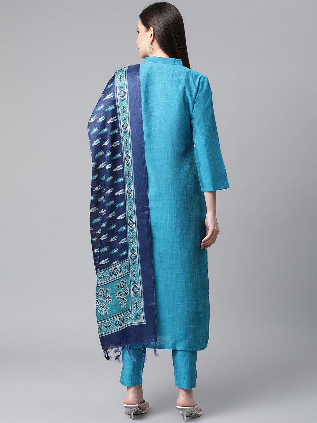 Jompers Women Blue & Green Self-Striped Kurta with Trousers & Printed Art Silk Dupatta | Grocsy