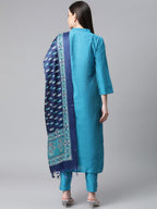 Jompers Women Blue & Green Self-Striped Kurta with Trousers & Printed Art Silk Dupatta | Grocsy