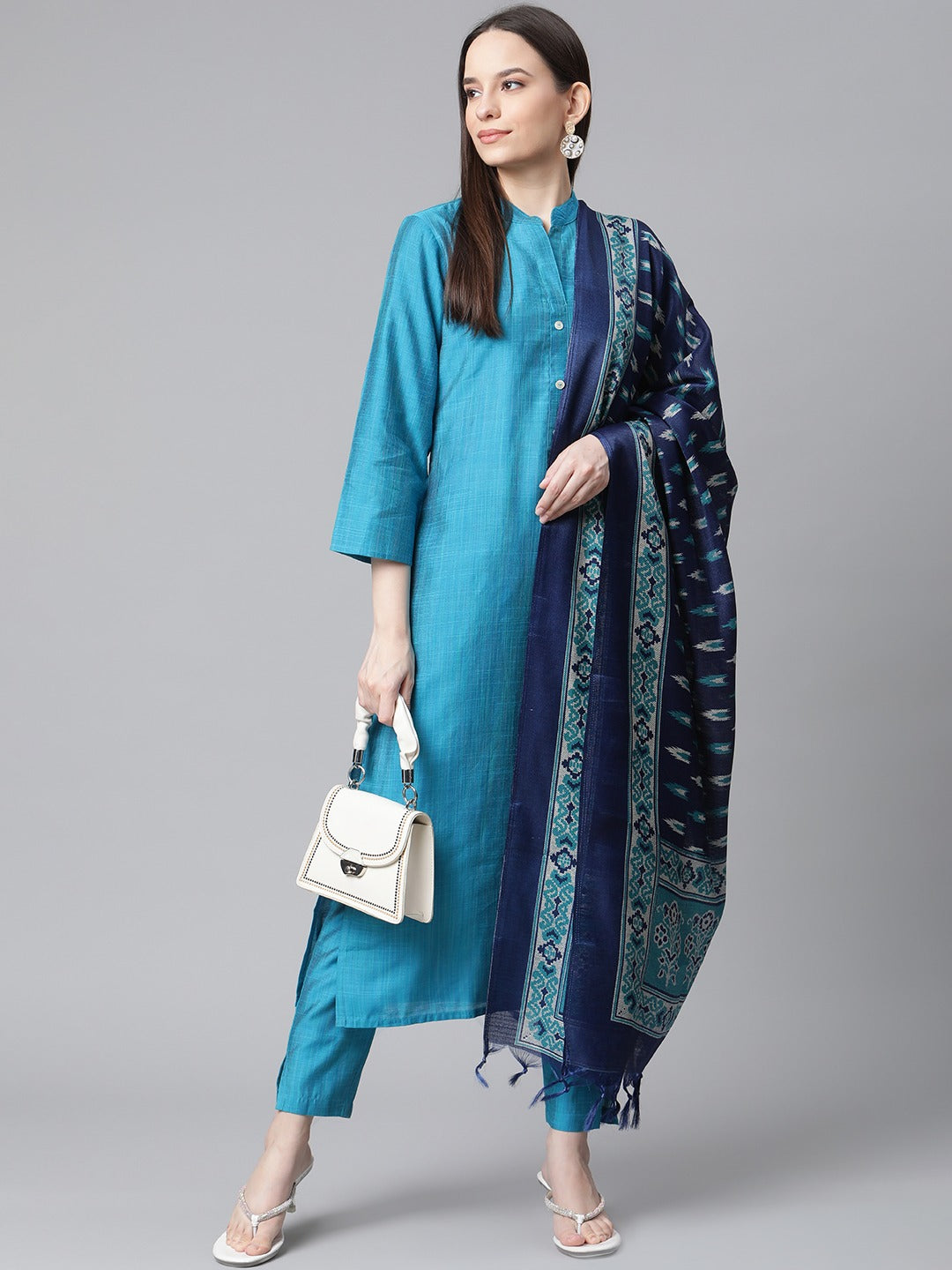 Jompers Women Blue & Green Self-Striped Kurta with Trousers & Printed Art Silk Dupatta | Grocsy