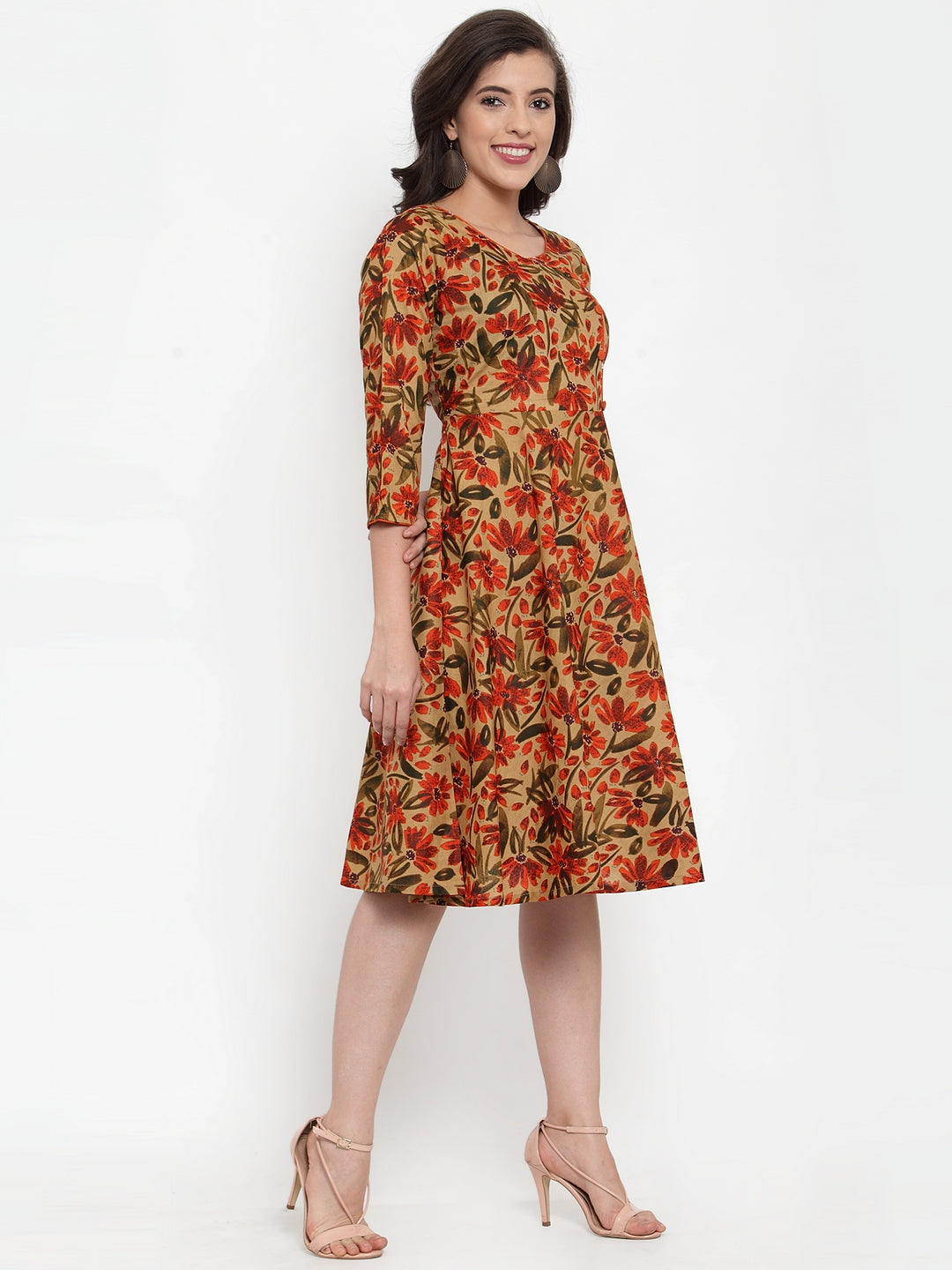 Jompers Women Brown & Green Floral Print Angrakha A-Line Kurta | Grocsy