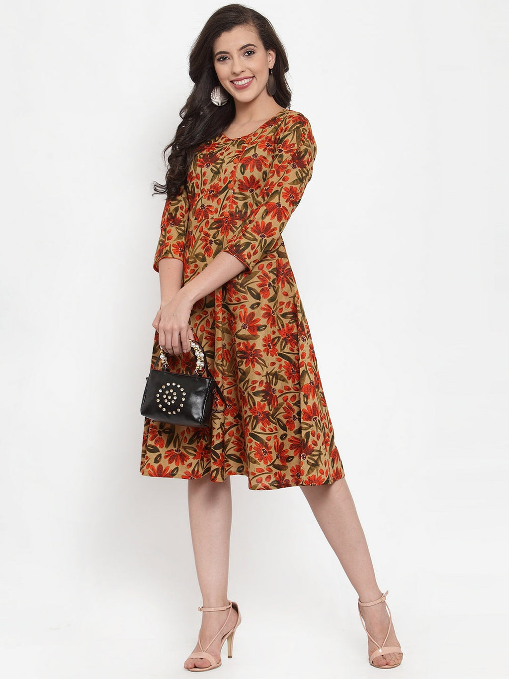 Jompers Women Brown & Green Floral Print Angrakha A-Line Kurta | Grocsy