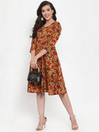 Jompers Women Brown & Green Floral Print Angrakha A-Line Kurta | Grocsy