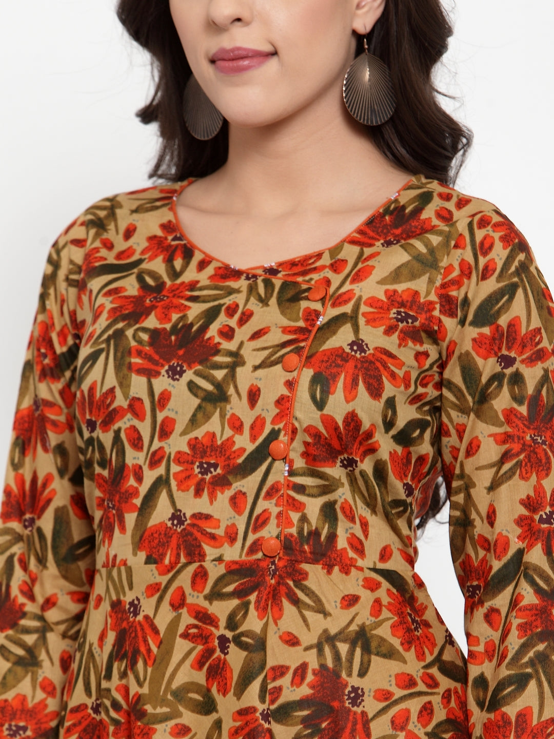 Jompers Women Brown & Green Floral Print Angrakha A-Line Kurta | Grocsy