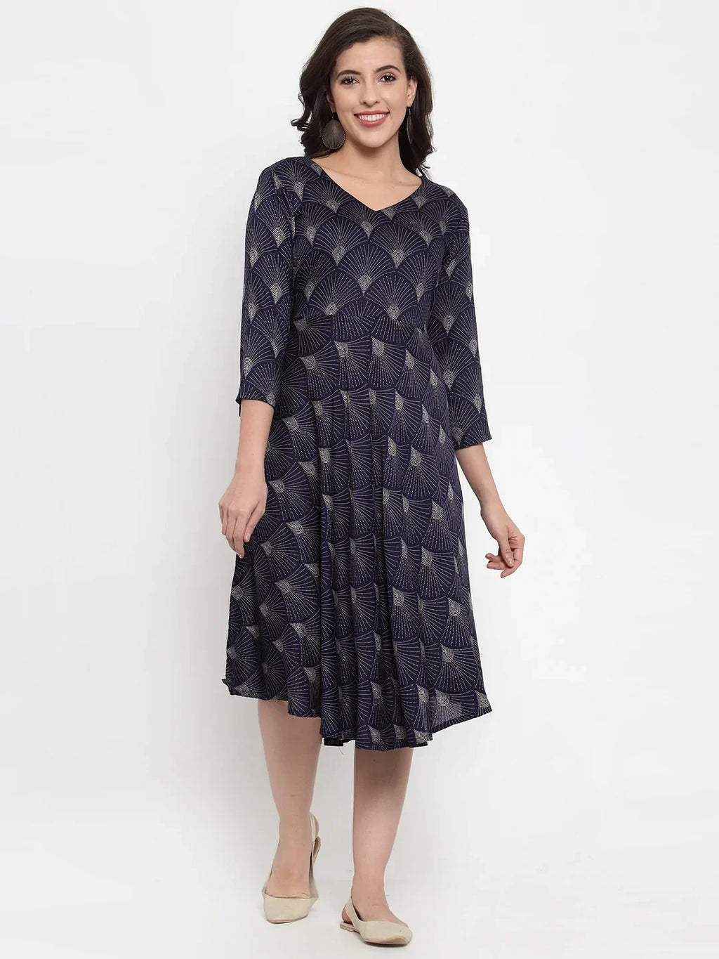 Jompers Women's Navy Blue Printed Fit and Flare Ethnic Dress | Grocsy
