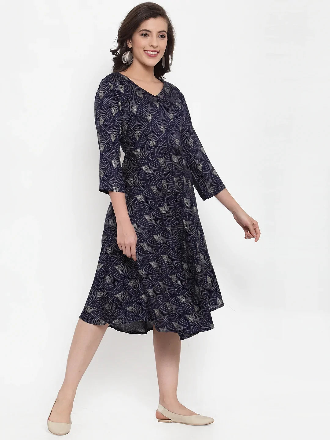 Jompers Women's Navy Blue Printed Fit and Flare Ethnic Dress | Grocsy