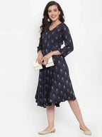 Jompers Women's Navy Blue Printed Fit and Flare Ethnic Dress | Grocsy