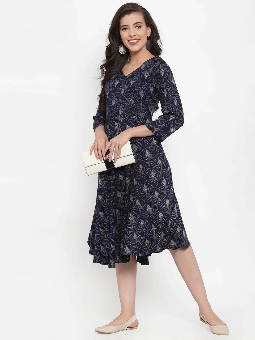 Jompers Women's Navy Blue Printed Fit and Flare Ethnic Dress | Grocsy