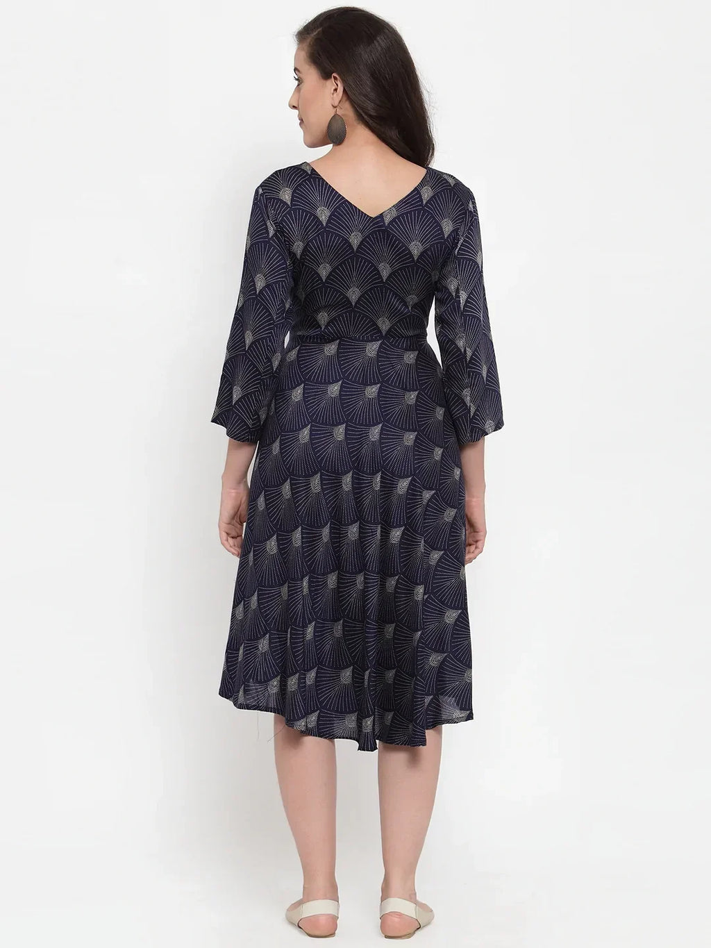 Jompers Women's Navy Blue Printed Fit and Flare Ethnic Dress | Grocsy
