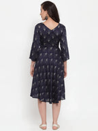 Jompers Women's Navy Blue Printed Fit and Flare Ethnic Dress | Grocsy