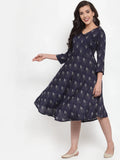 Jompers Women's Navy Blue Printed Fit and Flare Ethnic Dress | Grocsy