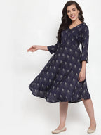 Jompers Women's Navy Blue Printed Fit and Flare Ethnic Dress | Grocsy