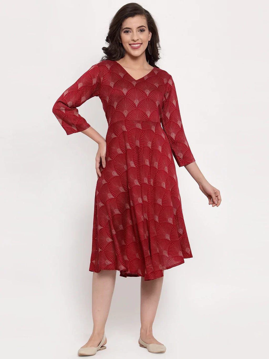 Jompers Women's Maroon Printed Fit and Flare Ethnic Dress | Grocsy