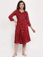 Jompers Women's Maroon Printed Fit and Flare Ethnic Dress | Grocsy