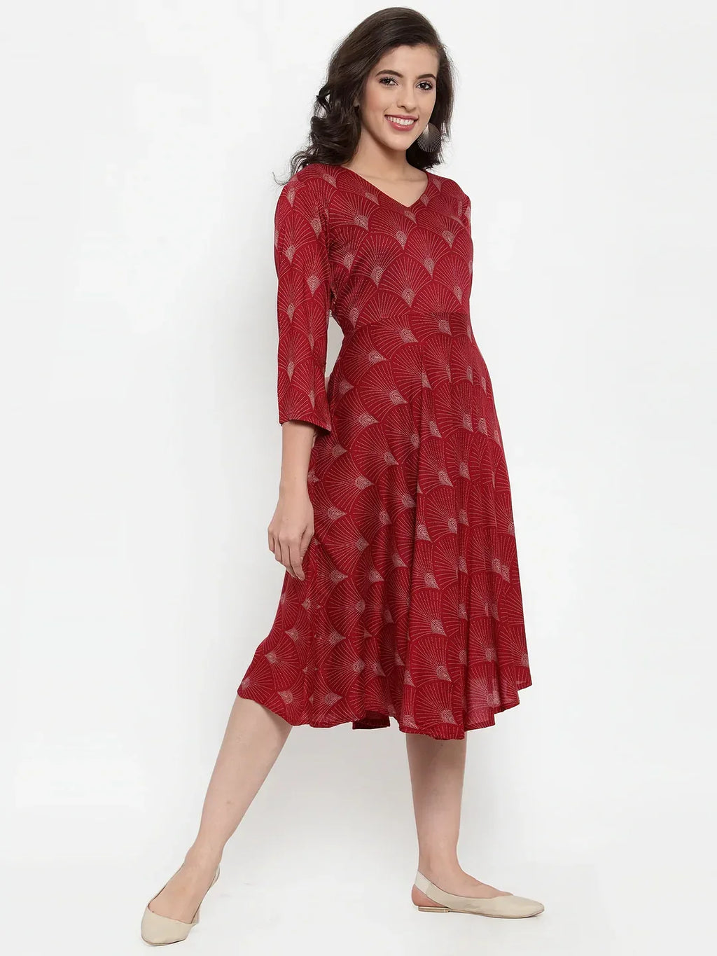 Jompers Women's Maroon Printed Fit and Flare Ethnic Dress | Grocsy
