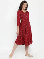 Jompers Women's Maroon Printed Fit and Flare Ethnic Dress | Grocsy
