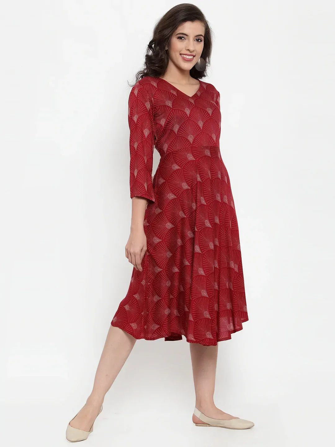 Jompers Women's Maroon Printed Fit and Flare Ethnic Dress | Grocsy
