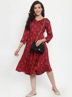Jompers Women's Maroon Printed Fit and Flare Ethnic Dress | Grocsy