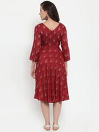 Jompers Women's Maroon Printed Fit and Flare Ethnic Dress | Grocsy