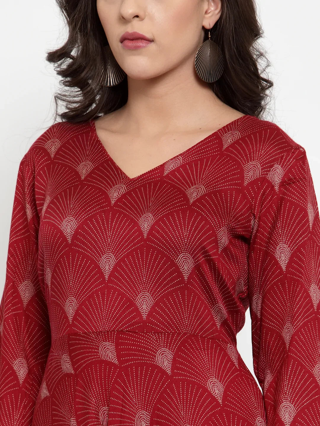 Jompers Women's Maroon Printed Fit and Flare Ethnic Dress | Grocsy