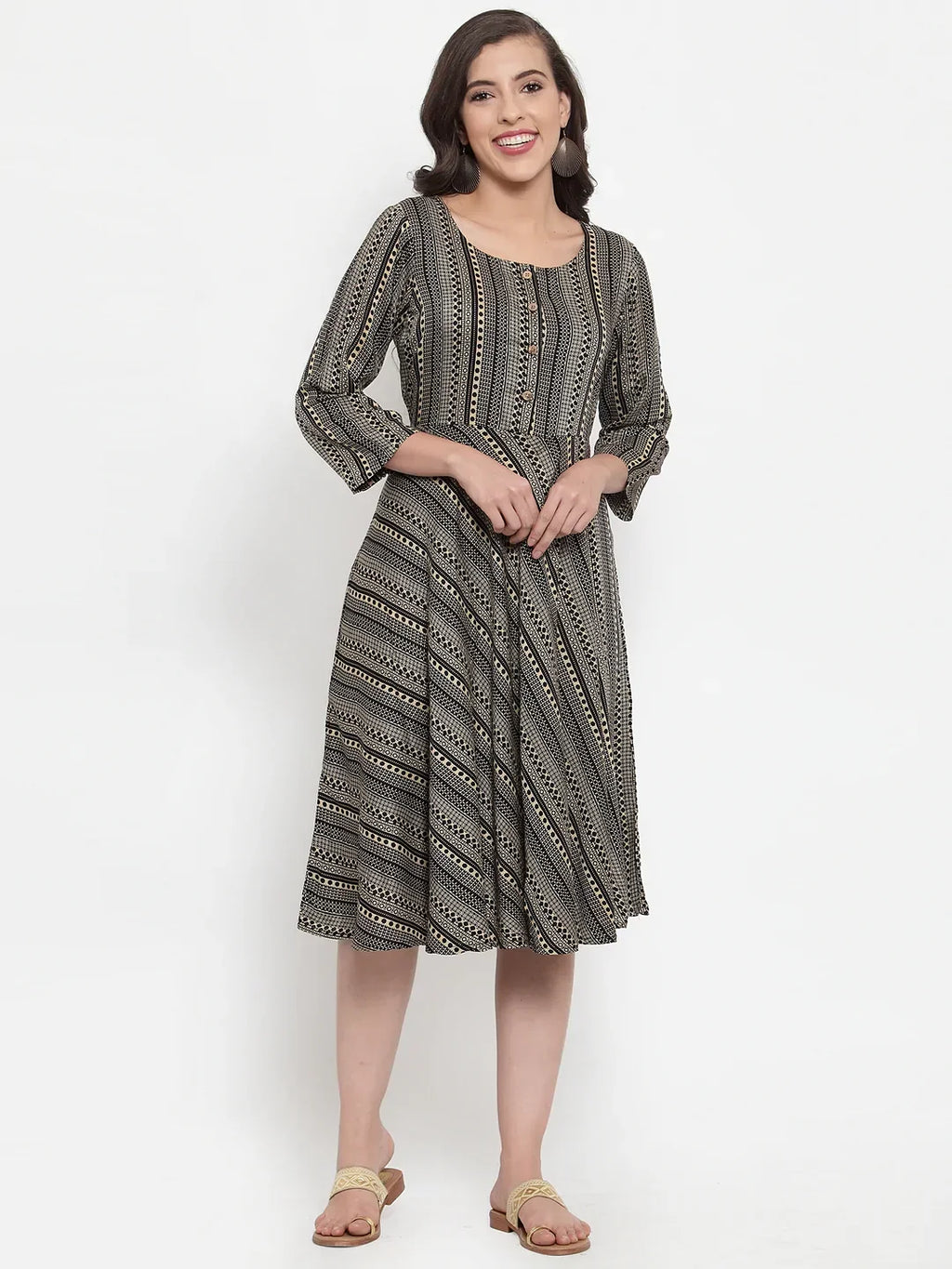 Jompers Women's Black Printed Fit and Flare Ethnic Dress | Grocsy