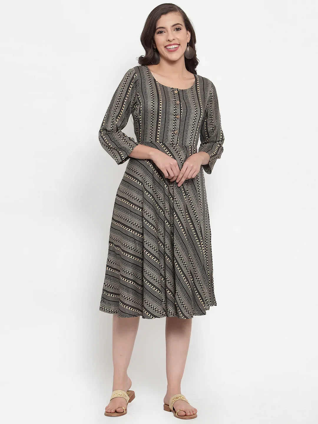Jompers Women's Black Printed Fit and Flare Ethnic Dress | Grocsy