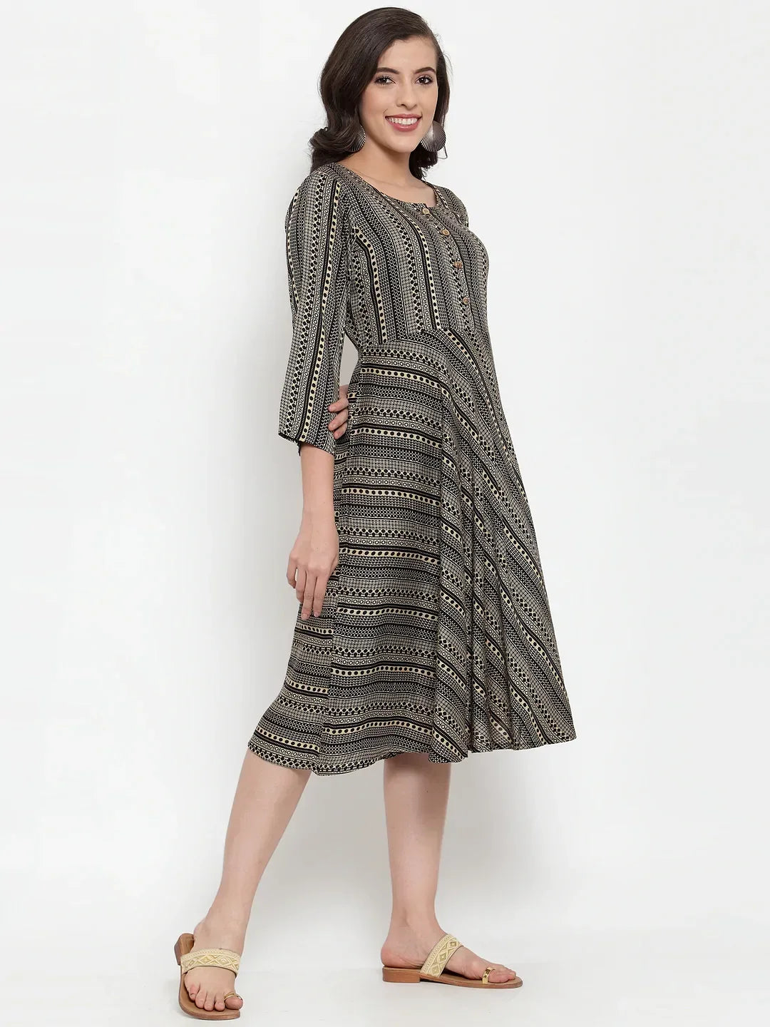 Jompers Women's Black Printed Fit and Flare Ethnic Dress | Grocsy