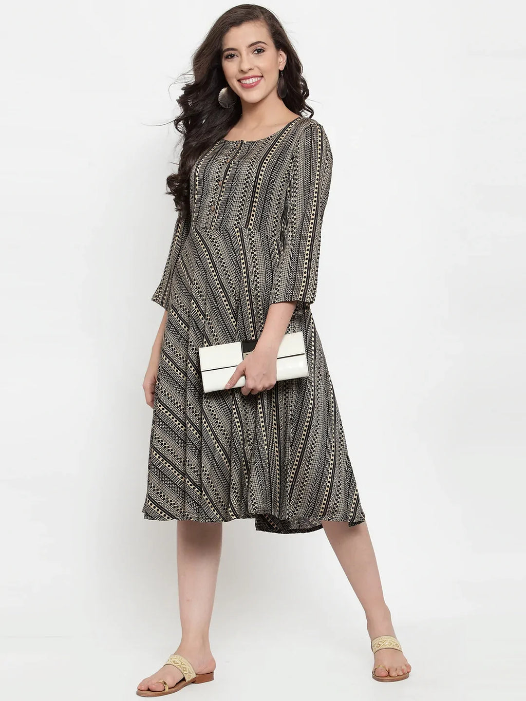 Jompers Women's Black Printed Fit and Flare Ethnic Dress | Grocsy