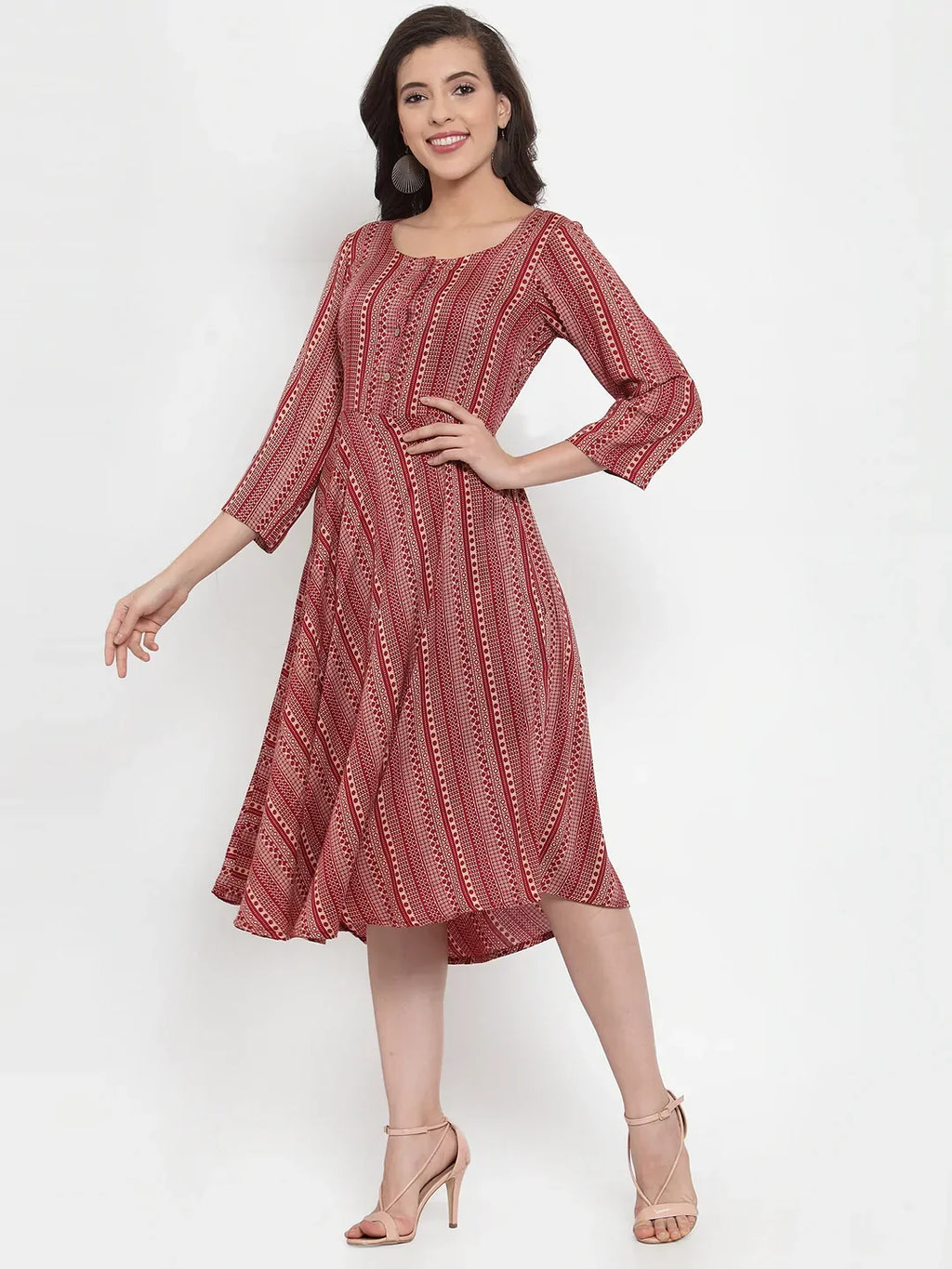 Jompers Women's Maroon Printed Fit and Flare Ethnic Dress | Grocsy