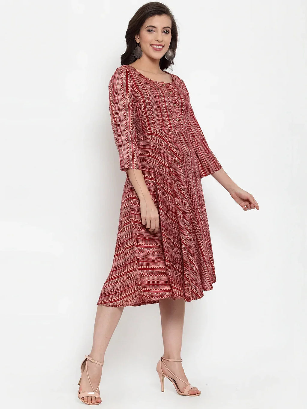 Jompers Women's Maroon Printed Fit and Flare Ethnic Dress | Grocsy