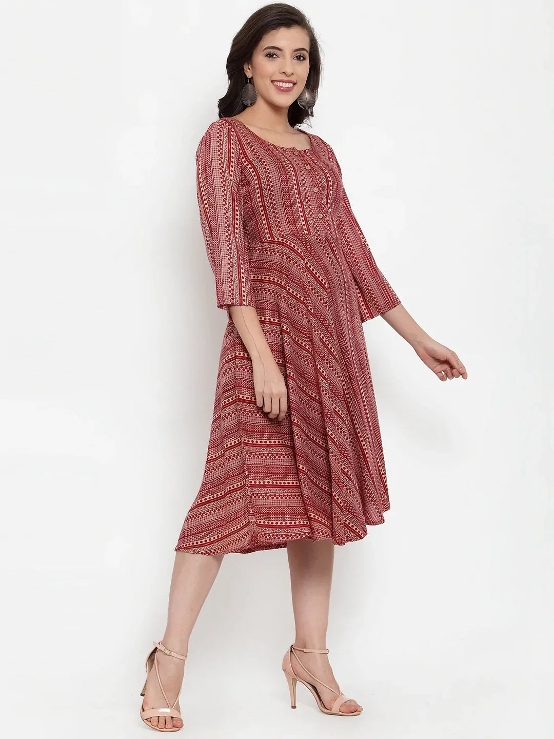 Jompers Women's Maroon Printed Fit and Flare Ethnic Dress | Grocsy