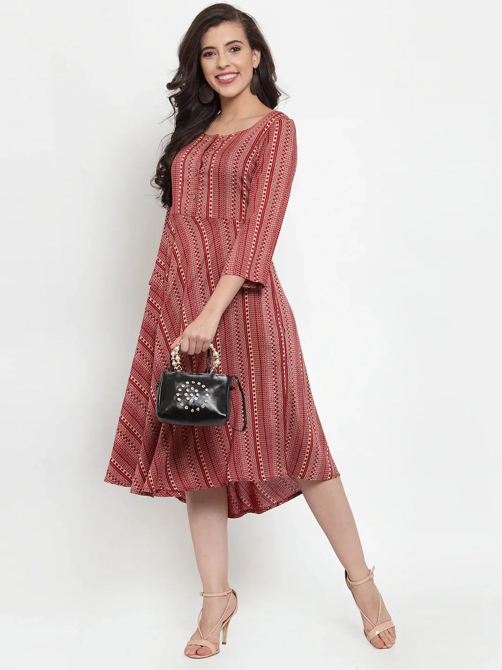 Jompers Women's Maroon Printed Fit and Flare Ethnic Dress | Grocsy