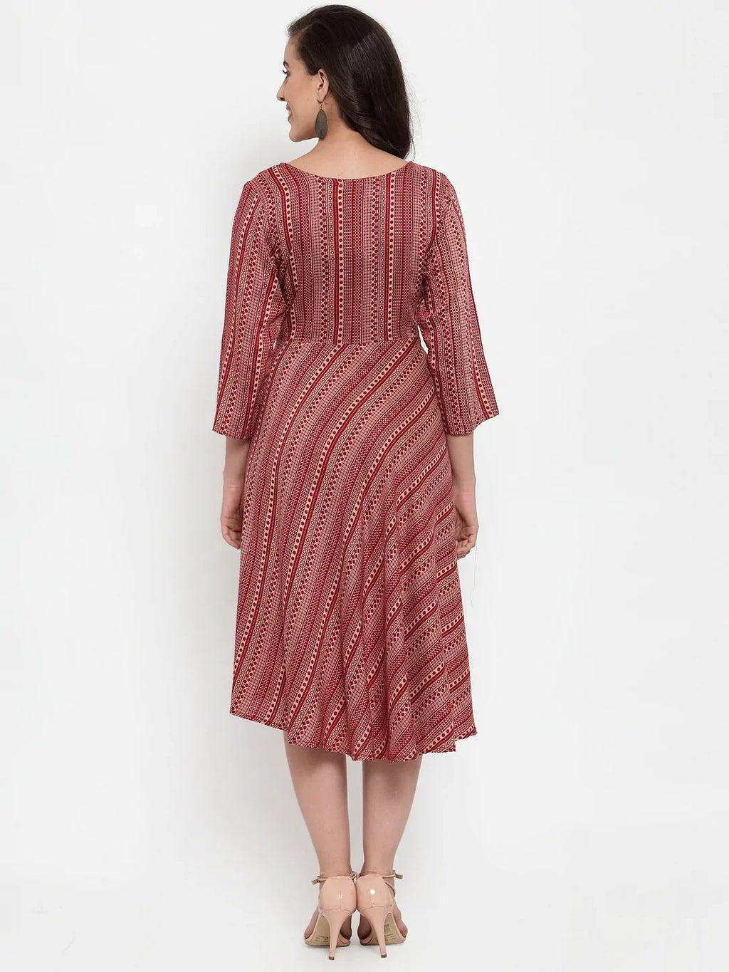 Jompers Women's Maroon Printed Fit and Flare Ethnic Dress | Grocsy