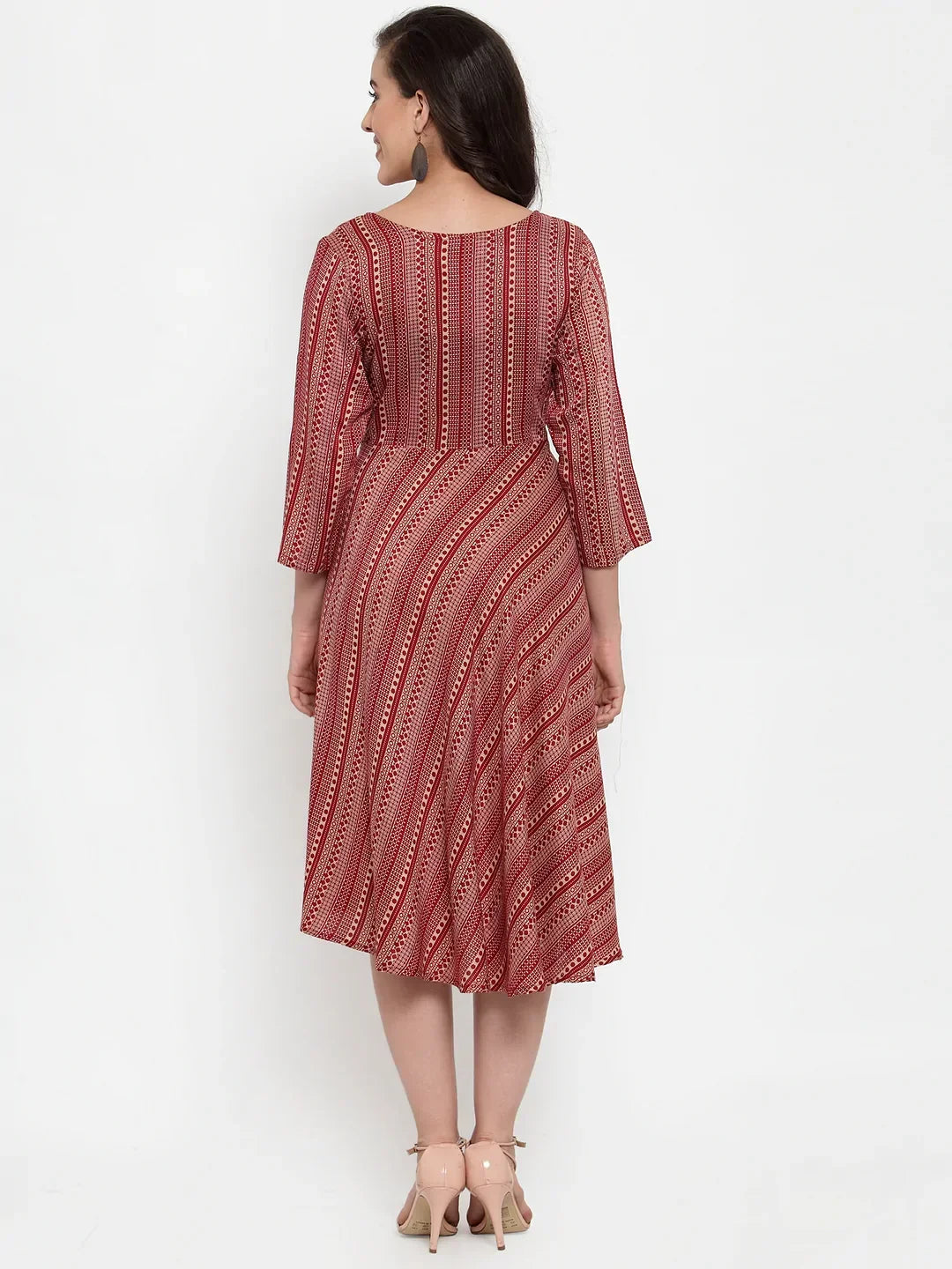 Jompers Women's Maroon Printed Fit and Flare Ethnic Dress | Grocsy