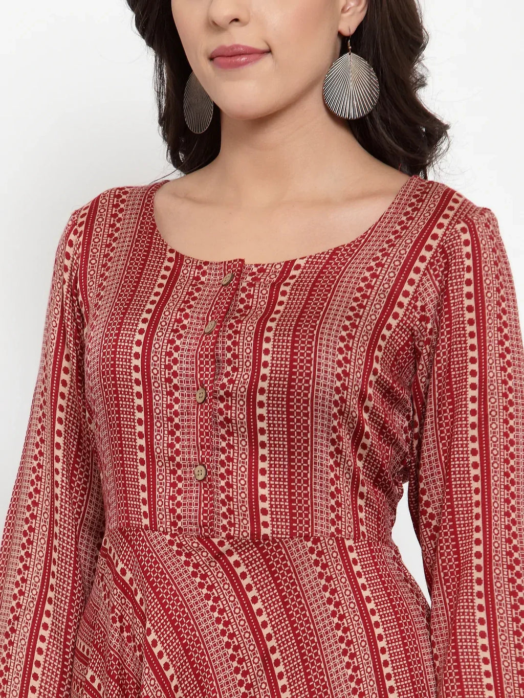 Jompers Women's Maroon Printed Fit and Flare Ethnic Dress | Grocsy