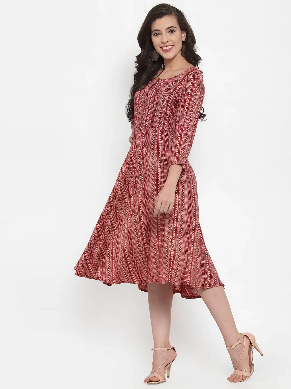 Jompers Women's Maroon Printed Fit and Flare Ethnic Dress | Grocsy