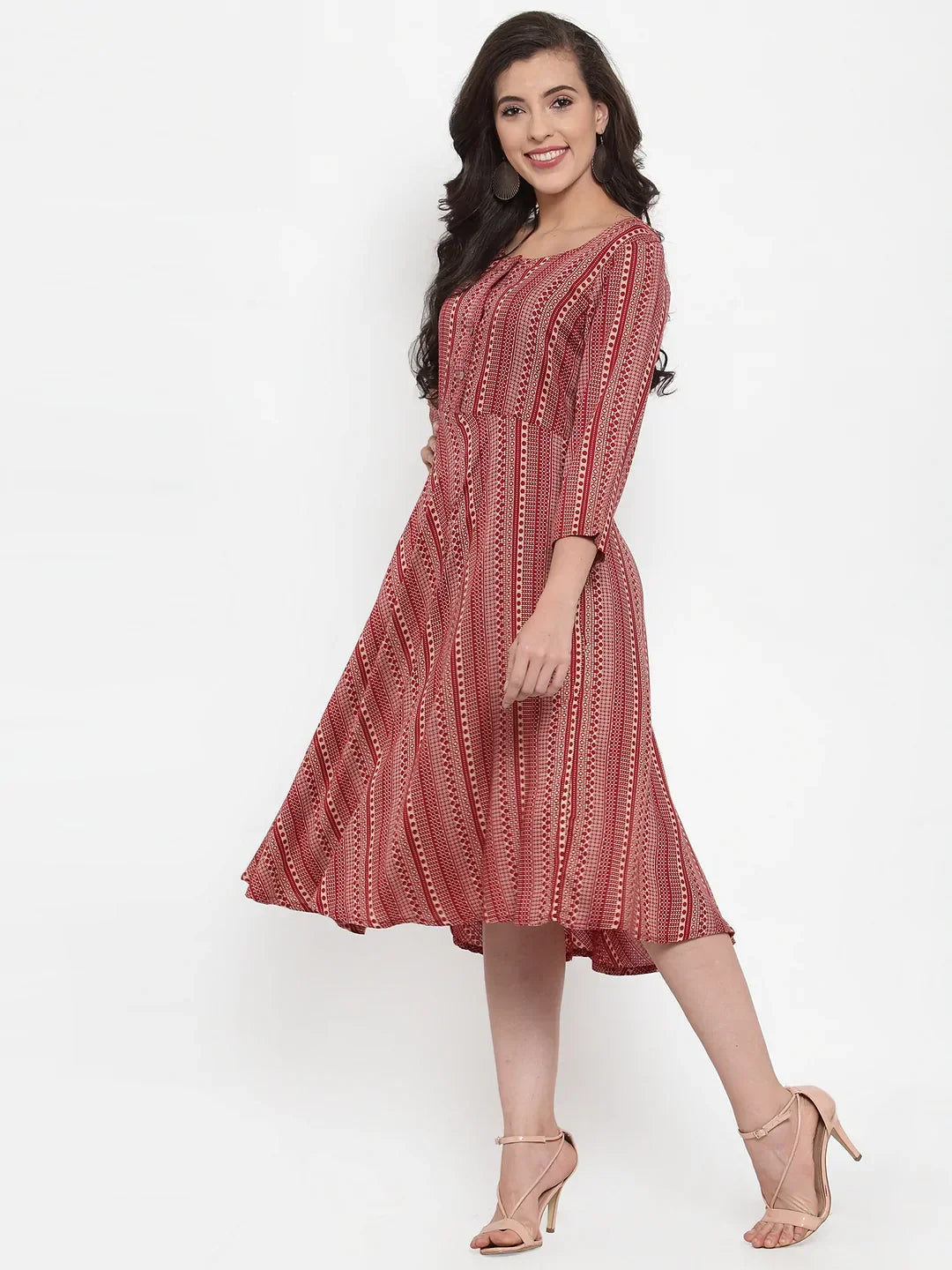 Jompers Women's Maroon Printed Fit and Flare Ethnic Dress | Grocsy