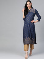 Jompers Women Navy Blue & Golden Block Print Straight Kurta | Grocsy