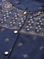 Jompers Women Navy Blue & Golden Block Print Straight Kurta | Grocsy
