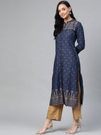 Jompers Women Navy Blue & Golden Block Print Straight Kurta | Grocsy
