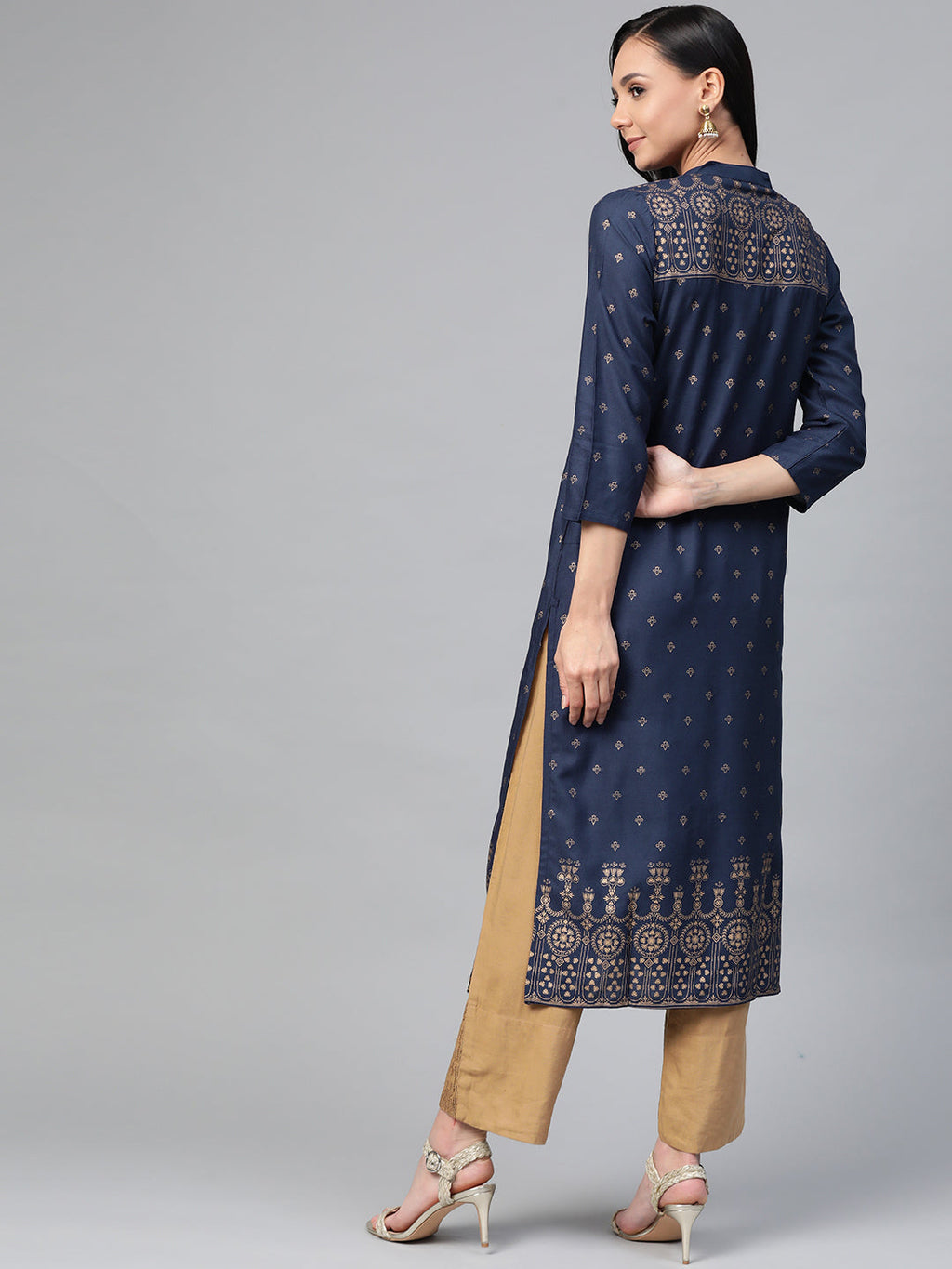 Jompers Women Navy Blue & Golden Block Print Straight Kurta | Grocsy