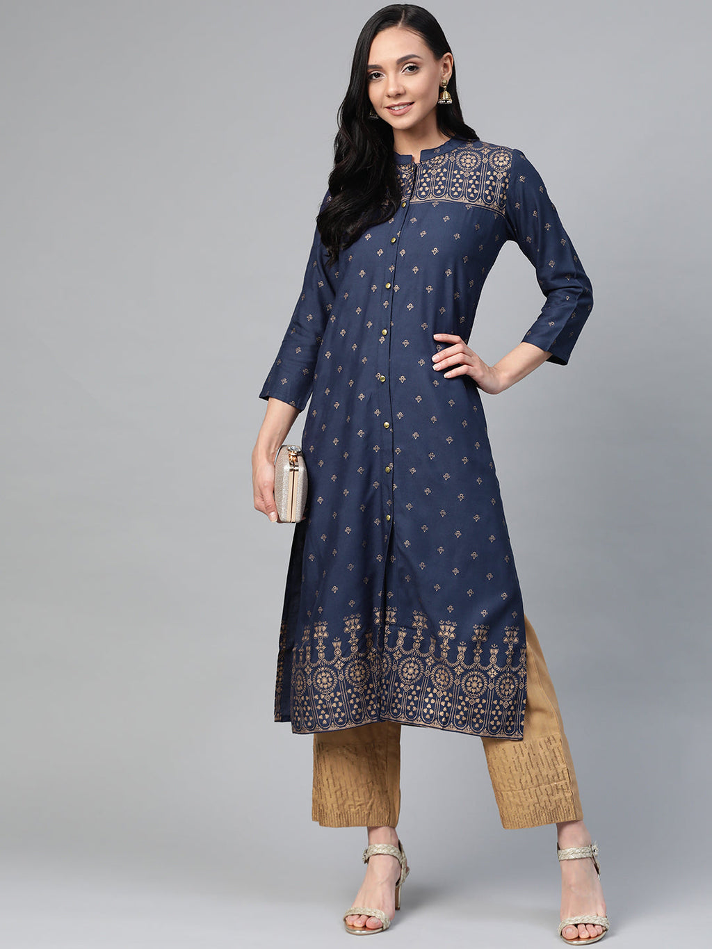 Jompers Women Navy Blue & Golden Block Print Straight Kurta | Grocsy