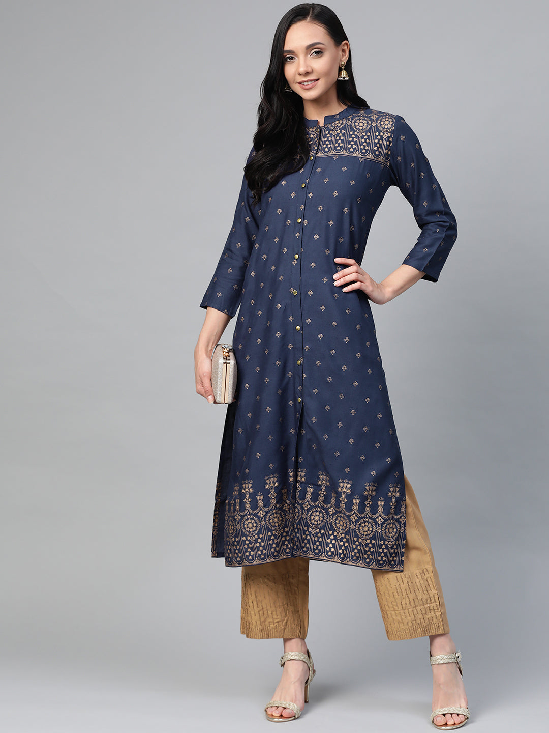 Jompers Women Navy Blue & Golden Block Print Straight Kurta | Grocsy