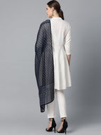 Jompers Women Off-White & Navy Blue Solid Kurta with Trousers & Dupatta | Grocsy