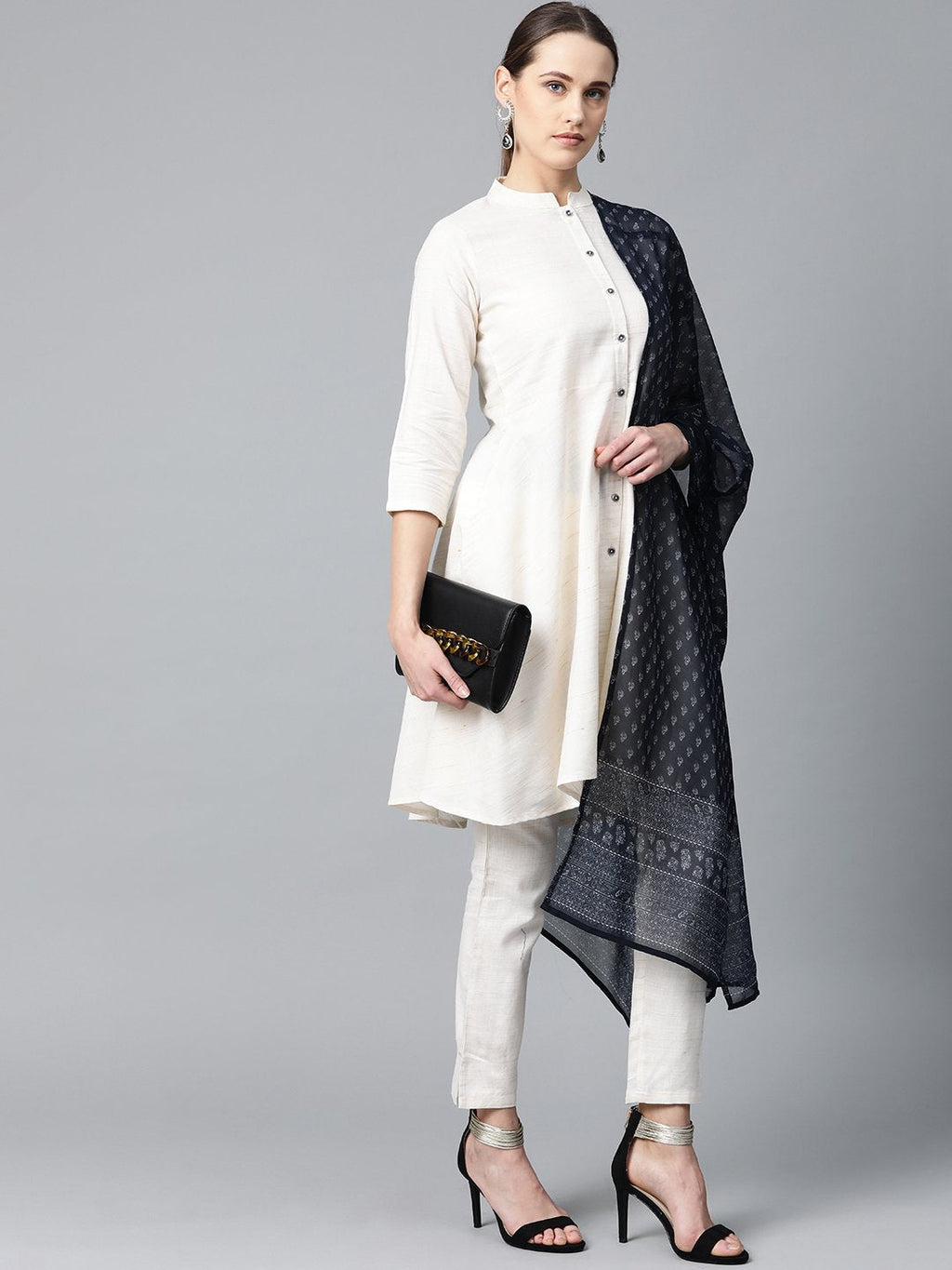 Jompers Women Off-White & Navy Blue Solid Kurta with Trousers & Dupatta | Grocsy